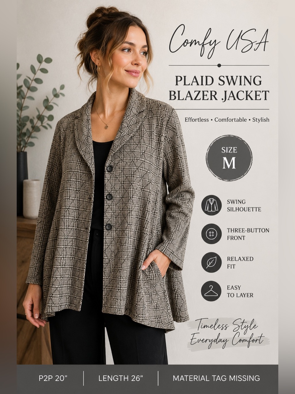 Comfy USA Plaid Swing Blazer Jacket Gray Black Size M